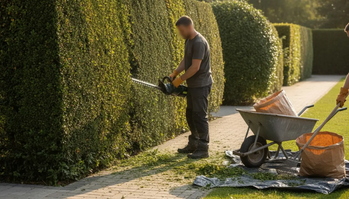 En person set bagfra klipper en lang hæk, mens afklip samles i en trillebør og på en presenning.