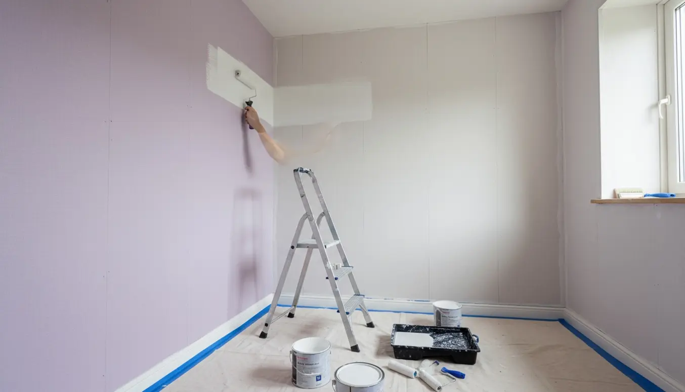 Lille 10 m² værelse med to nymalede lilla vægge og en hånd med rulle, der maler en hvid væg.