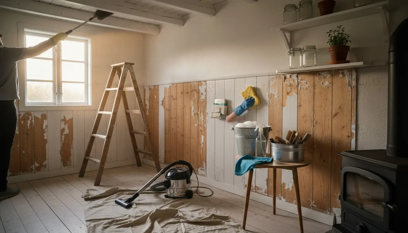 Person renser loft og vægge i et hyggeligt kolonihavehus med stige, spand og klud.