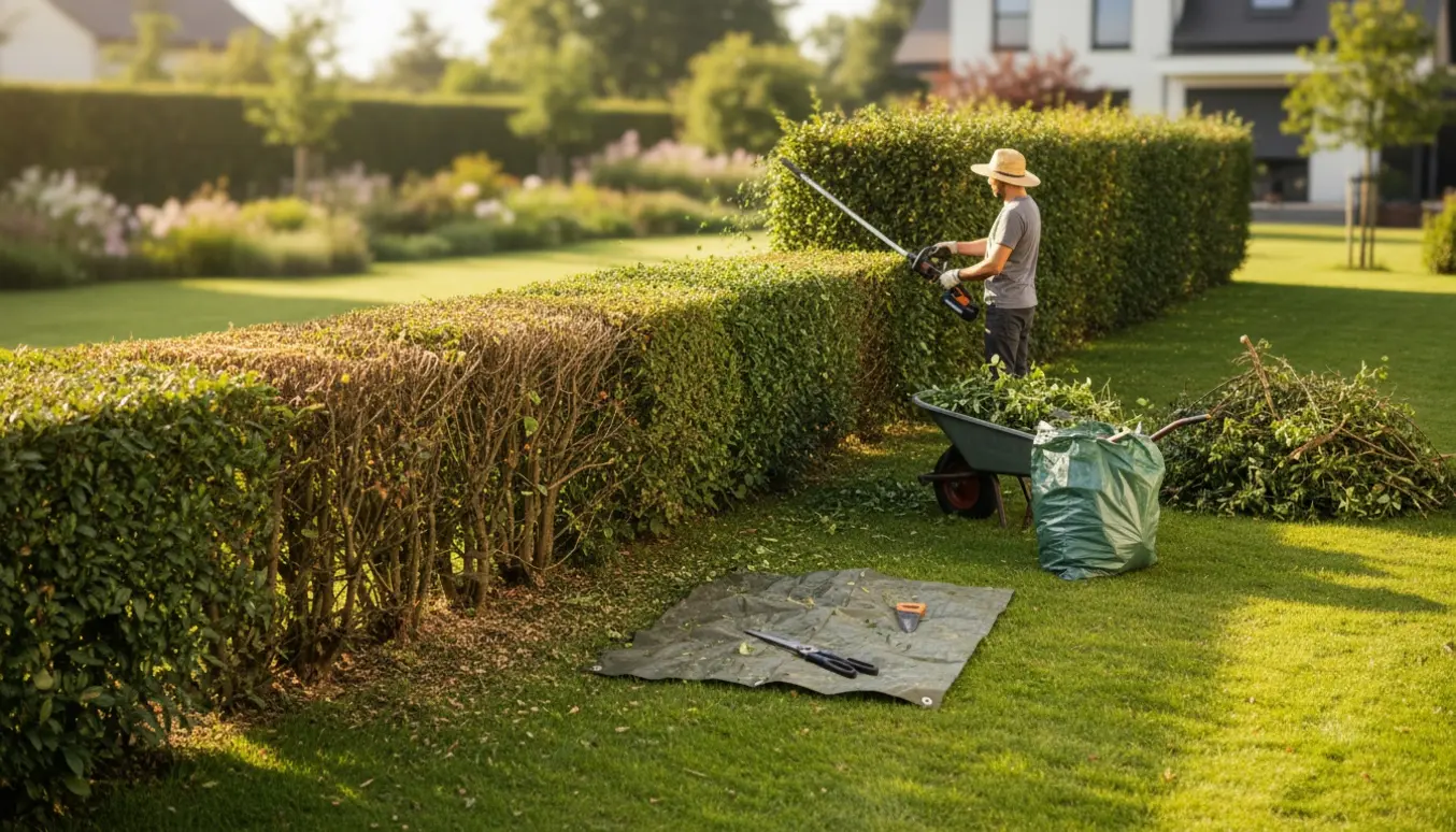 En havearbejder trimmer en lang blandet hæk, med afklip samlet i trillebør og en tydelig før‑og‑efter sektion.