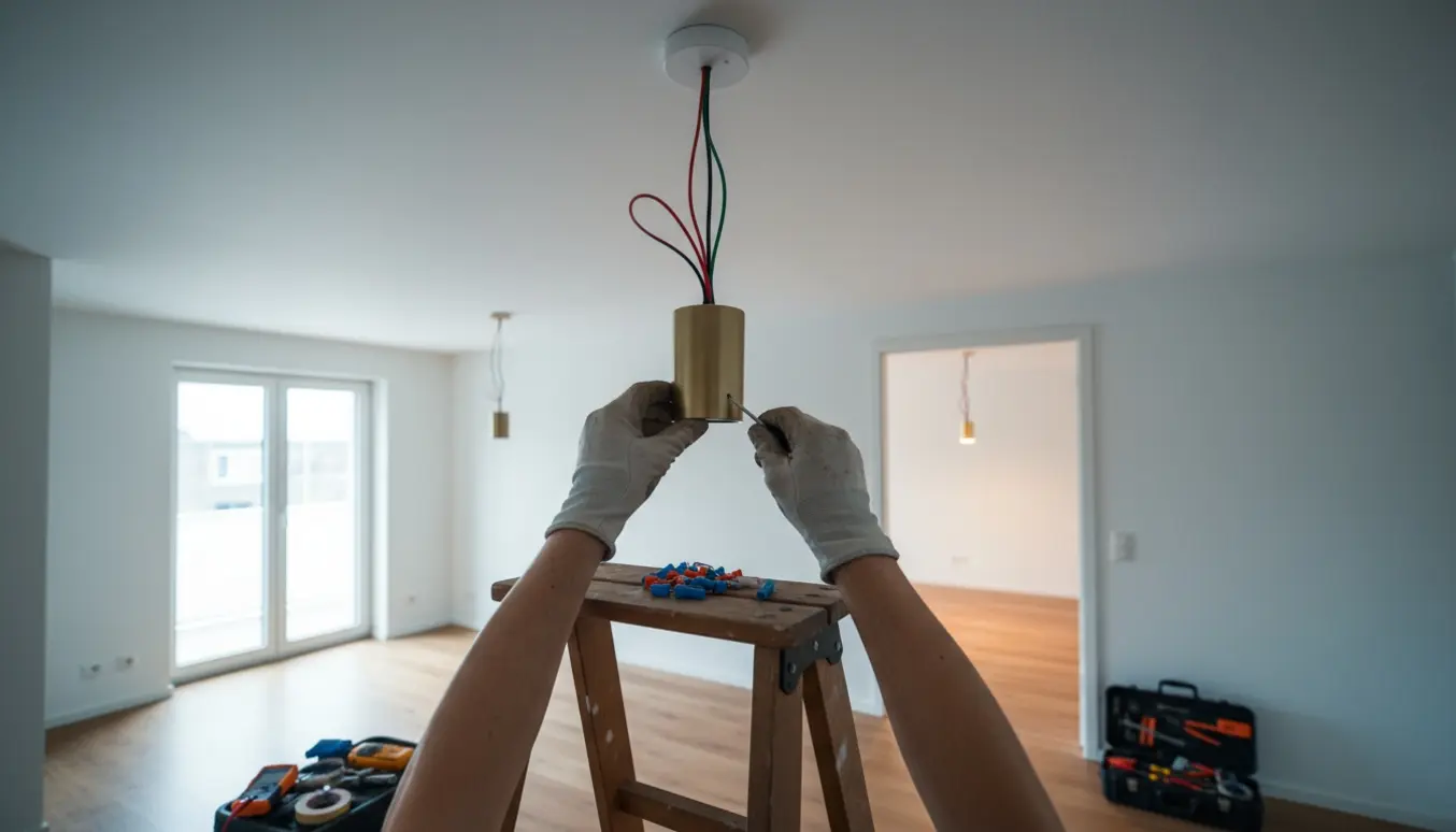 Håndværker monterer en loftslampe fra en stige med synlige ledninger og værktøj i rummet.