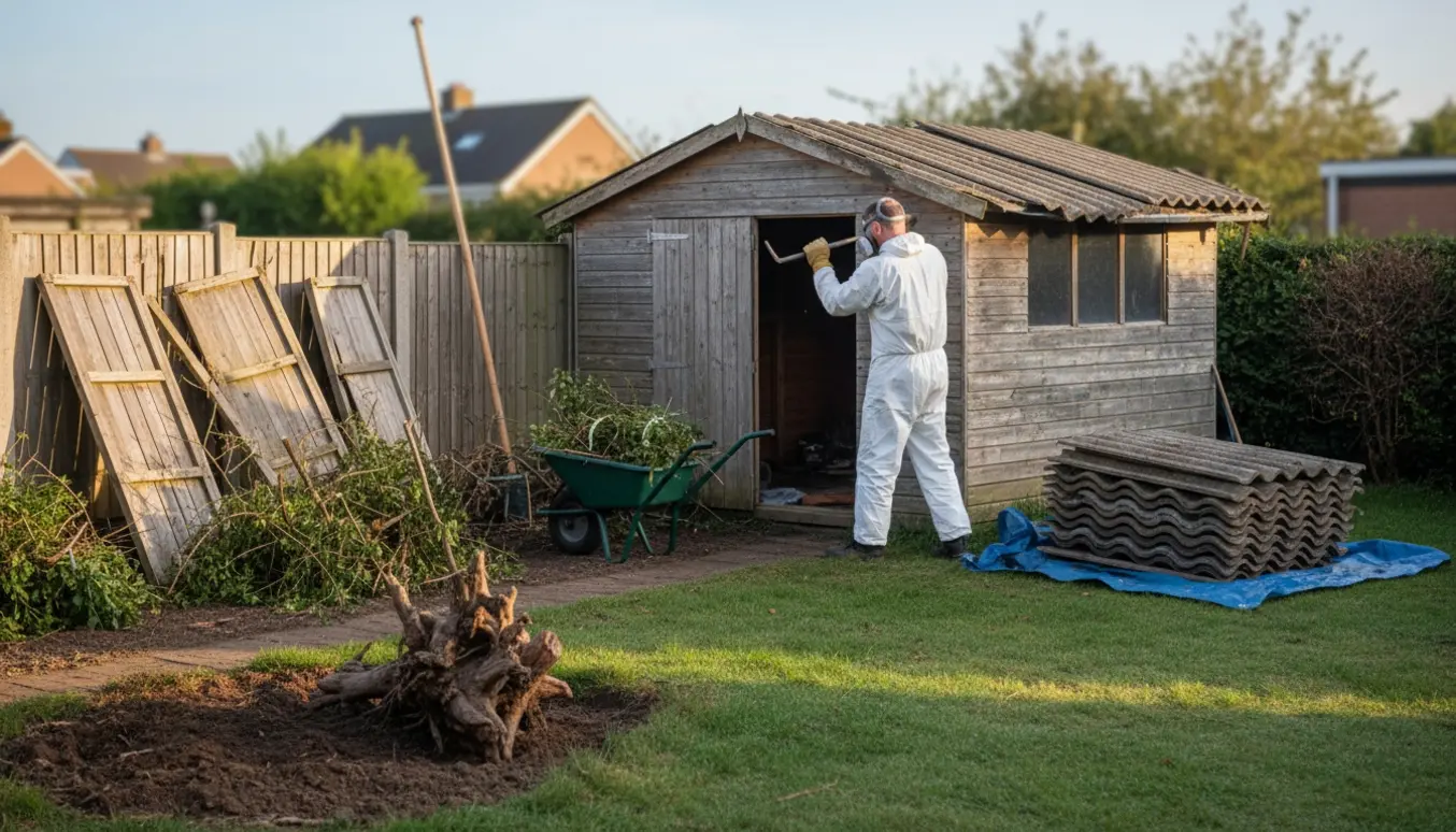 Fjernelse af et lille eternittag ved en beskadiget bod med stak plader, haveaffald og en stor løs rod klar til bortkørsel.