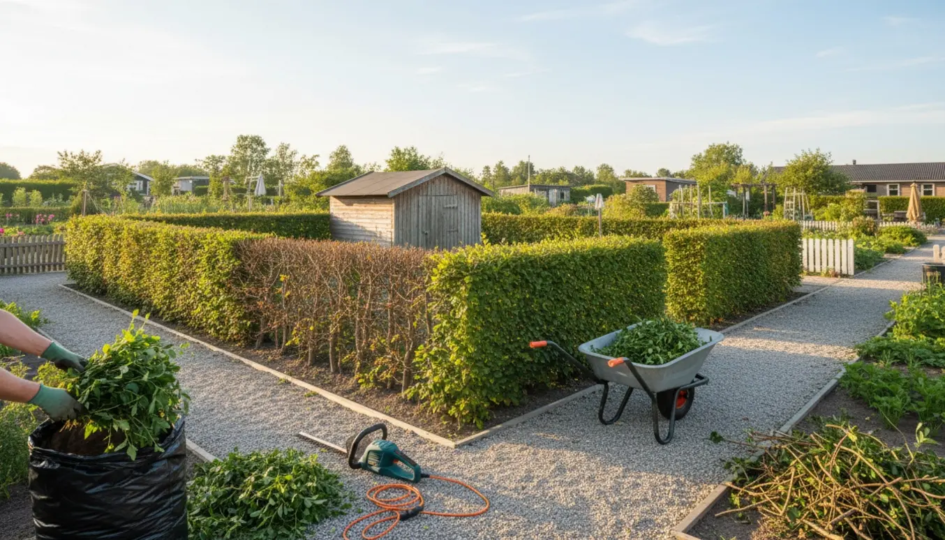 Hjørnehæk i kolonihave under hækklipning med trimmer, affald samlet i sække og trillebør.