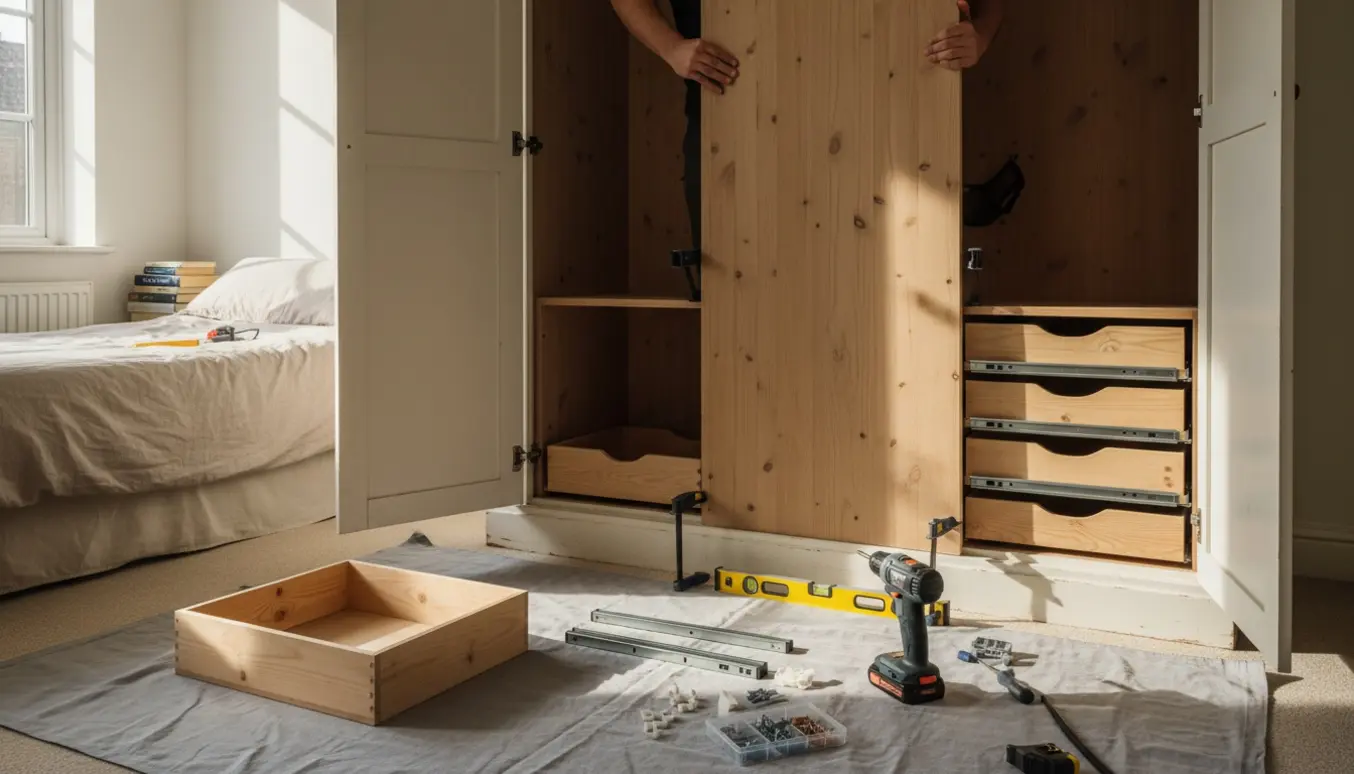 Hænder monterer en skilleplade og skuffeskinner i to gamle garderobeskabe.