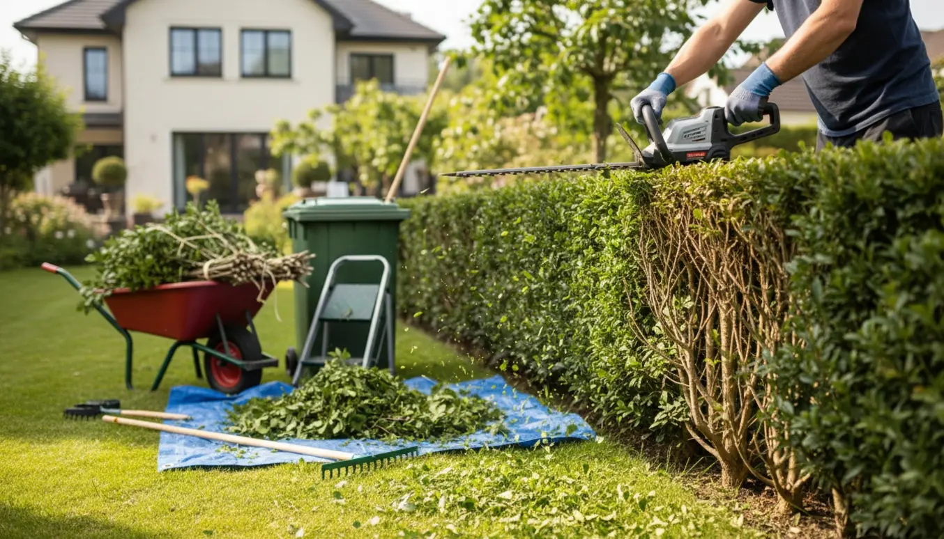 Beskæring af en hæk med en hækkeklipper og opsamling af afklip i en trillebør i en have.