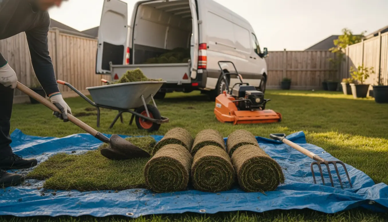 Gloveklædte hænder fjerner plæten med skovl og rullede græsstykker i en trillebør klar til bortkørsel.