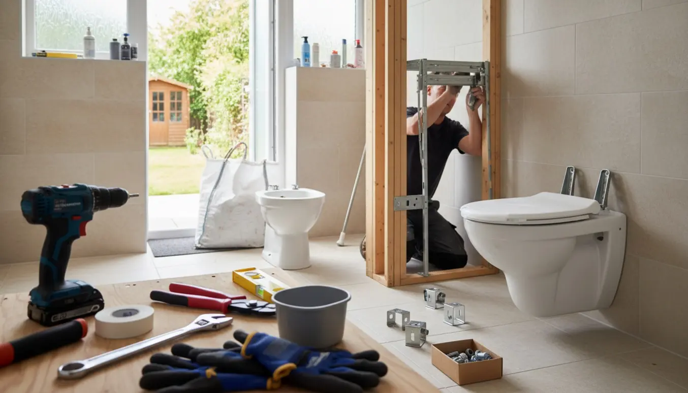 Badeværelse under udskiftning med håndværker, værktøj og installation af et væghængt toilet.
