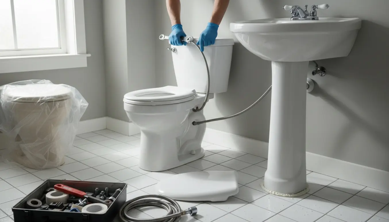 Nyt gulvtoilet og håndvask under montering i et lyst badeværelse med værktøj og indpakkede gamle sanitetsdele klar til bortskaffelse.
