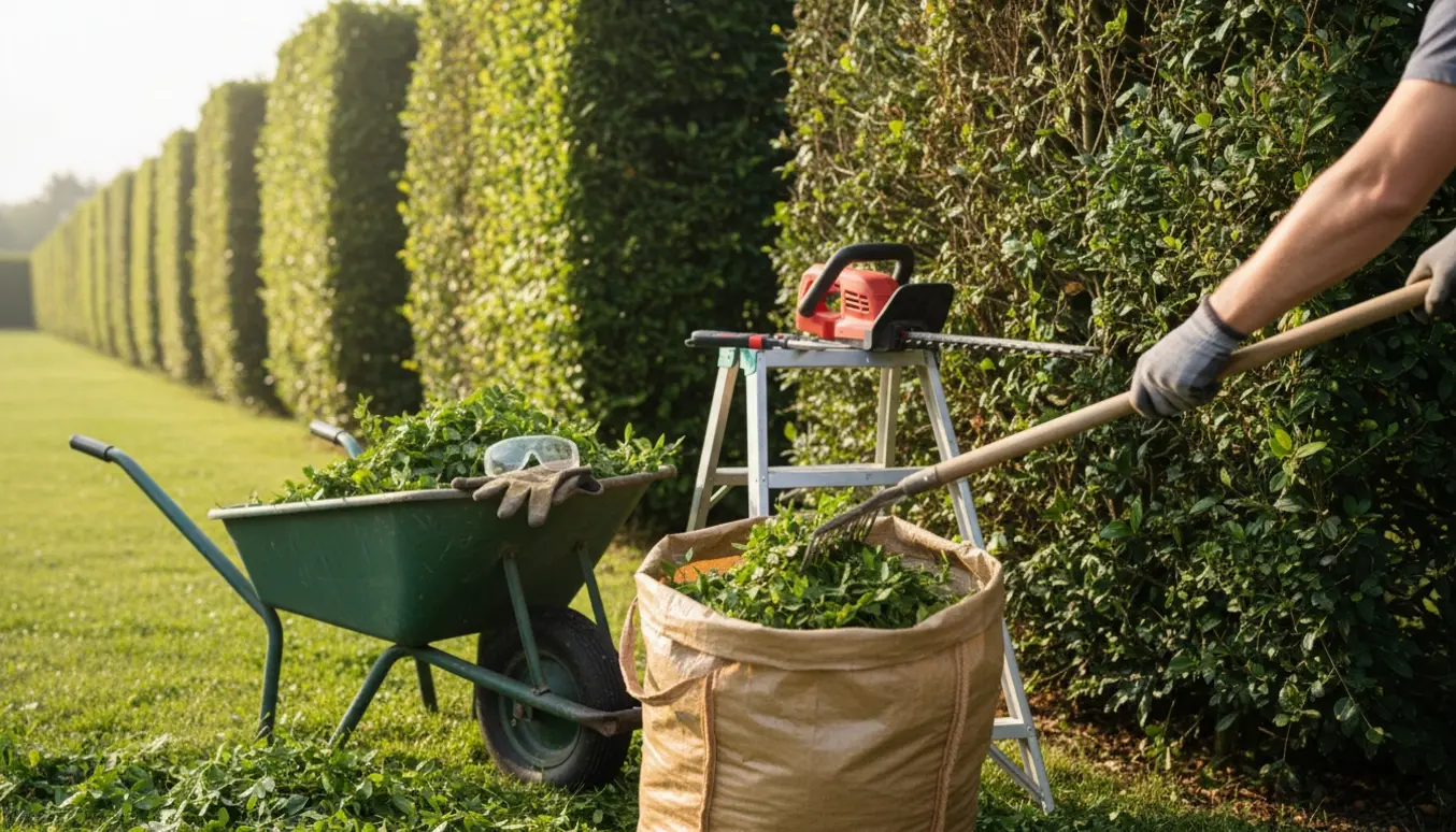 Lang hæk ved en ejendom med nyslået sektion og bunker af hækkeklips samlet i en skovl og haveposer.