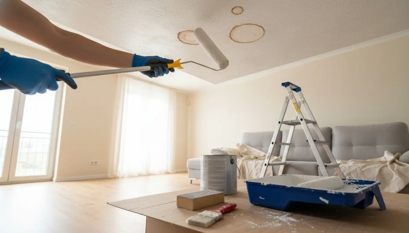 Hænder maler loft med rulle over skjoldede pletter, med stige og afdækningsdug i dagslys.