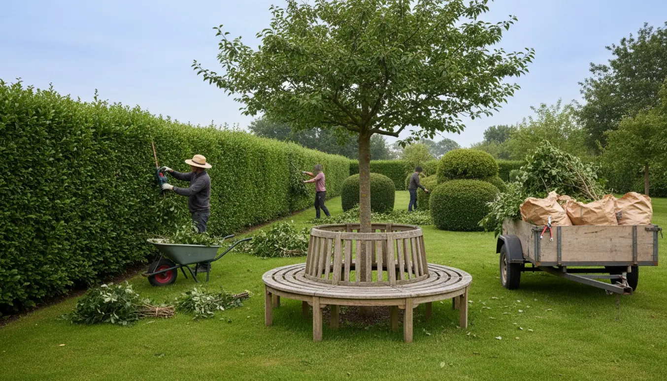 Gartner trimmer en lang hæk og beskærer buske med trailer og en rund træbænk ved et træ klar til fjernelse.