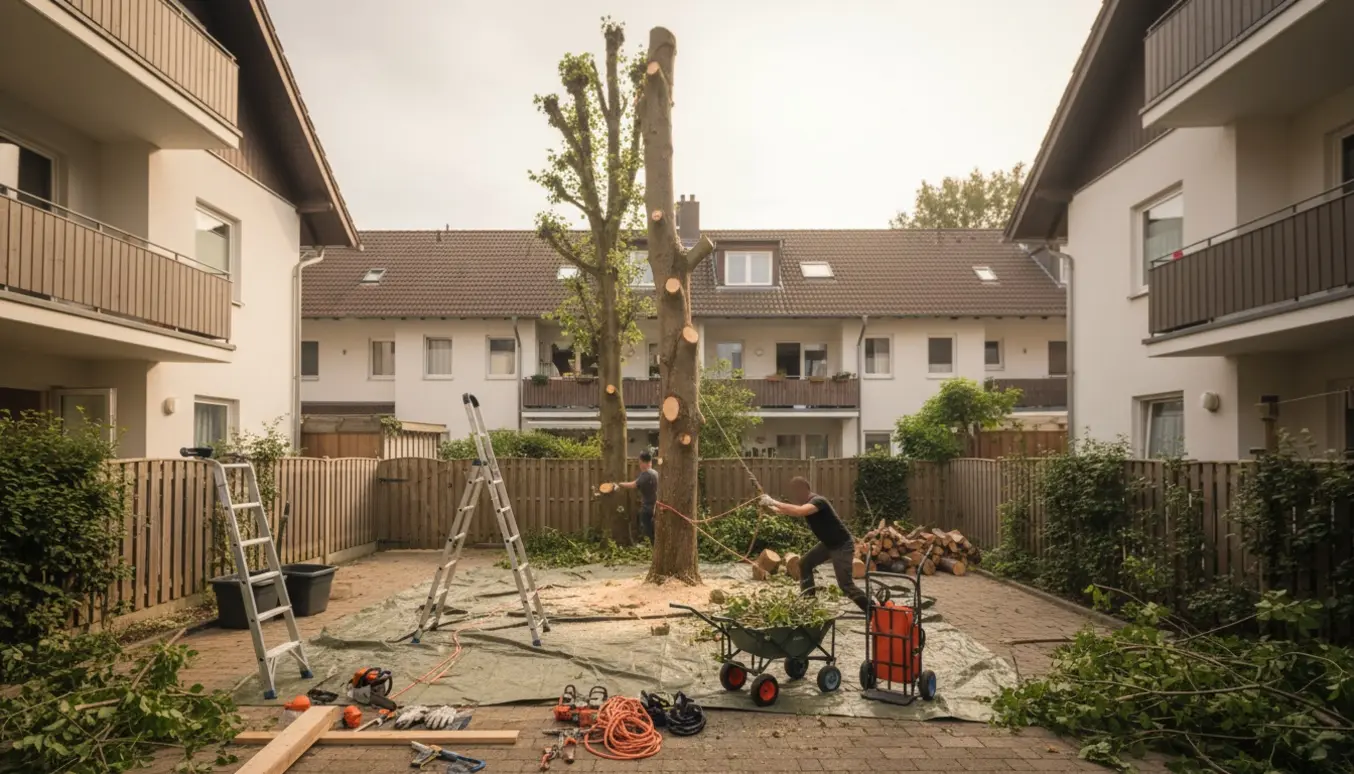 Et dødt træ i en baghave bliver beskåret tæt ved stammen med sikkerhedsliner og værktøj tæt på nabotage.
