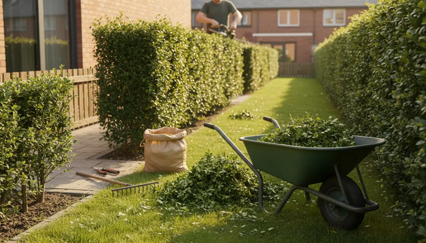 En person klipper en ligusterhæk i en rækkehushave i juli og samler afklip i en trillebør.