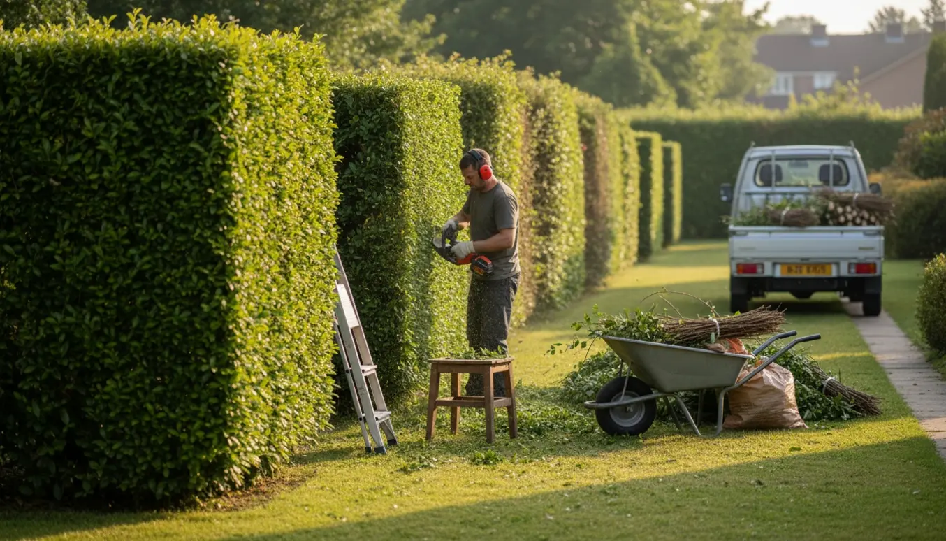 Ligusterhæk klippes med lille stige, trillebør og bundter klar til bortkørsel.