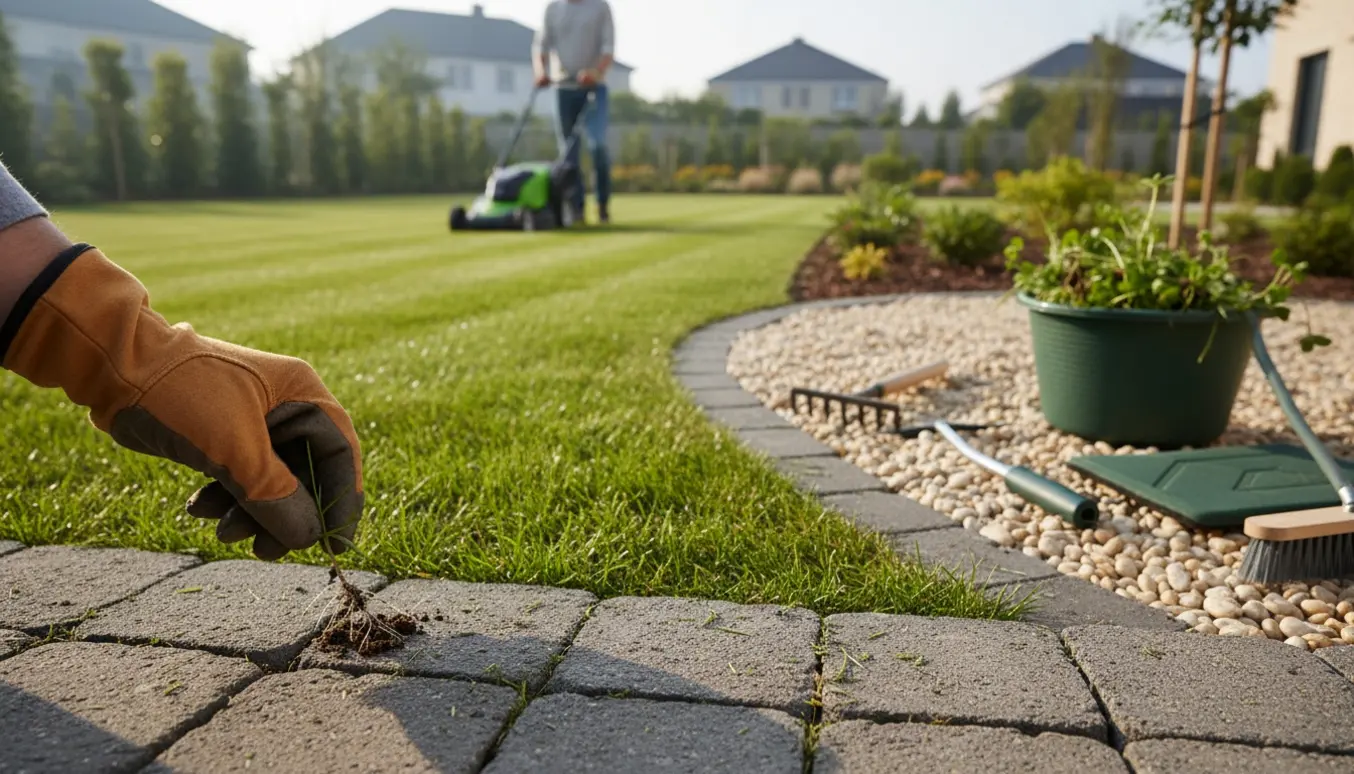 Gloved hånd fjerner ukrudt mellem fliser mens græs bliver slået og perlegrusbed luges i forhaven.