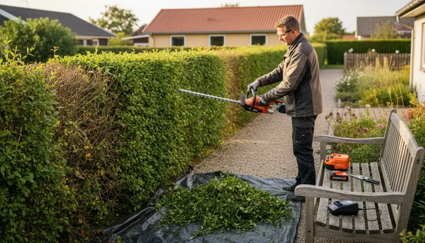 Elektrisk hækkeklipper trimmer en lang tjørne- og ligusterhæk i en villahave i Nakskov.
