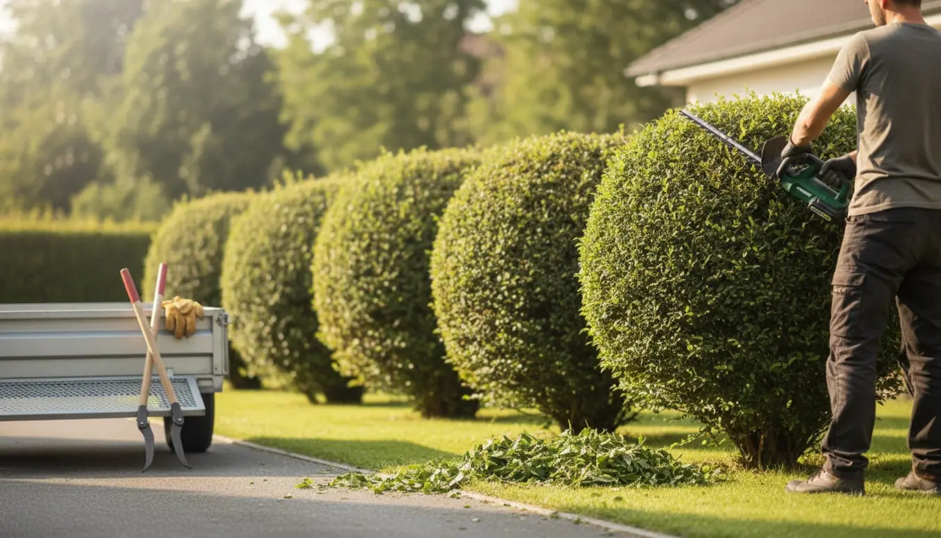 Beskæring af 5–6 høje buske med batteridrevet hækkesaks og grensaks ved en trailer.