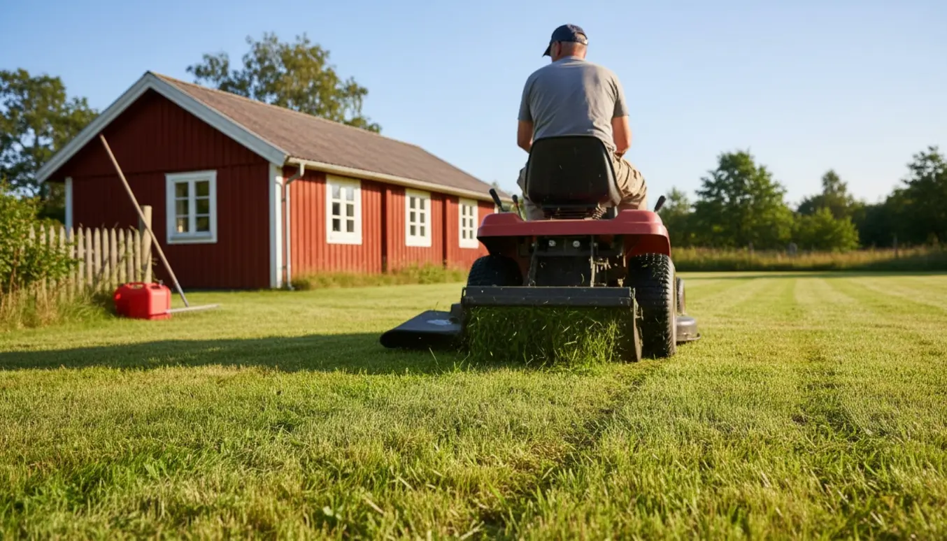 Havetraktor slår græsset foran et rødt sommerhus, med friske græsklip tilbage på den jævne plæne.