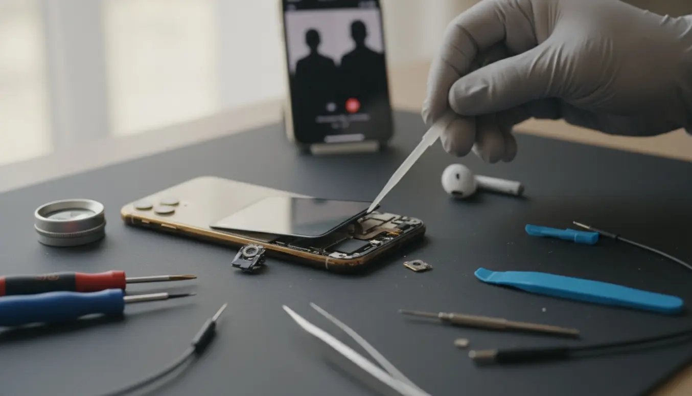 Nærbillede af en iPhone 11 Pro åbnet på et rent værksted med reservedele og værktøj til fejlsøgning af lyd ved FaceTime.