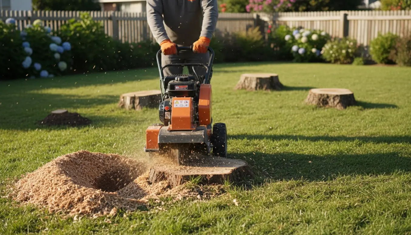 En kompakt stubfræser fjerner en stub i en have, med friske træflis og tre andre stubbe i baggrunden.