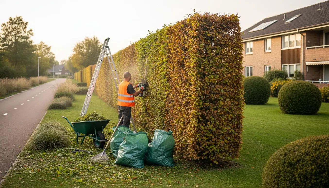 En professionel klipper en bøgehæk i en bolighave, og trimmeaffaldet er samlet i trillebør og affaldsposer.