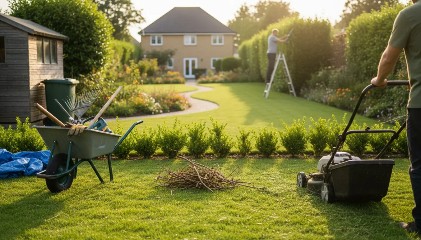 Sommerhave med græsslåning og beskæring, redskaber som plæneklipper, rive og trillebør i fokus.