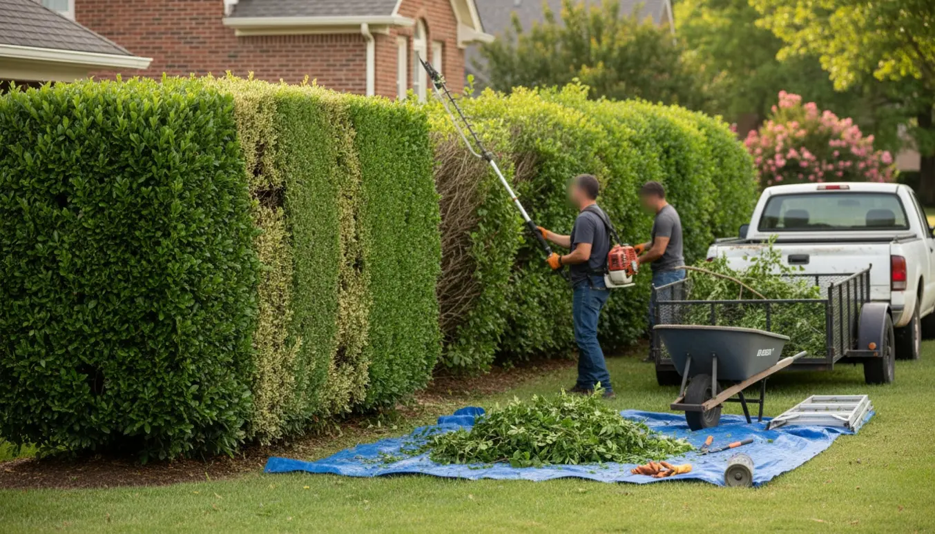 Hækkeklipning med opsamling af afklip og trailer klar til bortkørsel.