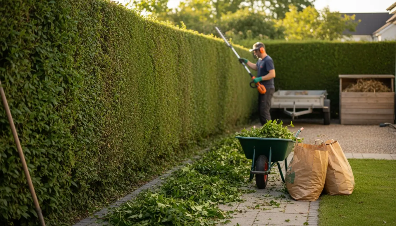Hæk under klipning med ny, lige top og bunker af afklip klar til bortskaffelse.