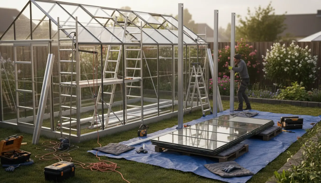 Delvist nedtaget drivhus med stabler af glas og metalrammer lagt klar ved nedtagningsstedet.