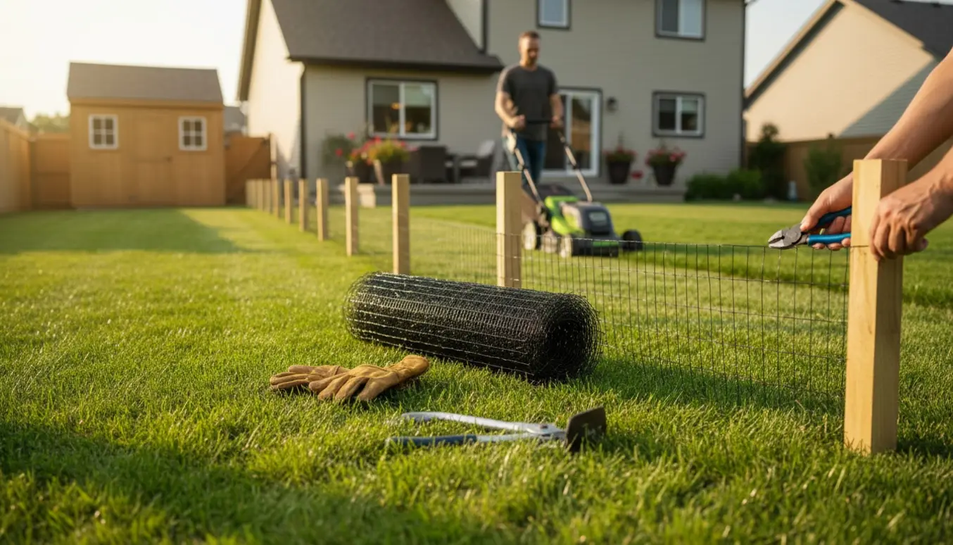 Lavt hundehegn sættes op i en solbeskinnet baghave, mens græsplænen bliver slået.