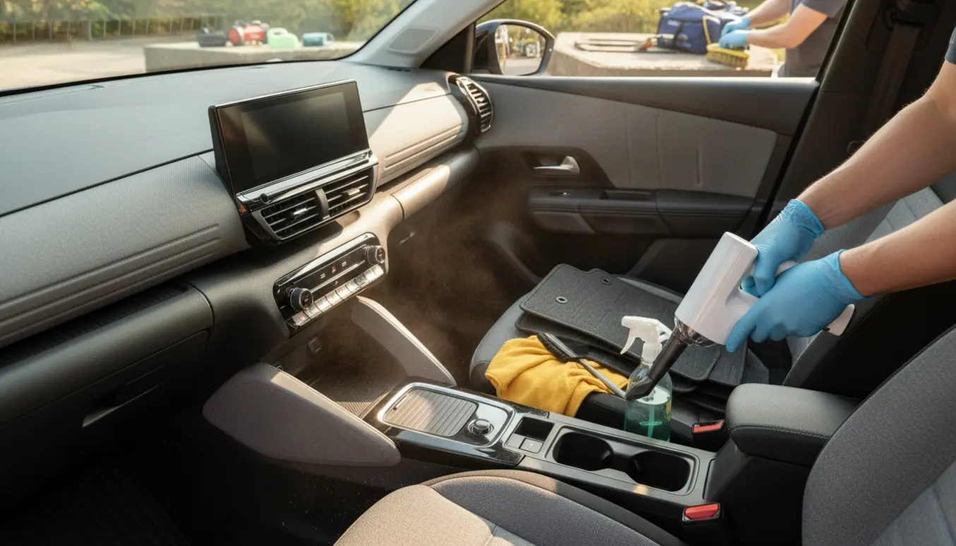 Indvendig rengøring af en Citroen e‑C4 med handsker, støvsuger, klude og åben bagagerum.
