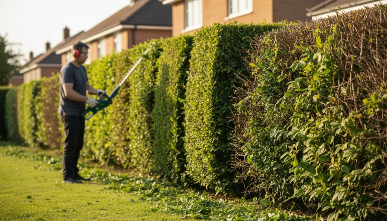 Person klipper en lang brysthøj hæk med elektrisk hækkeklipper; den ene side er nypudset og toppen er delvist klippet.