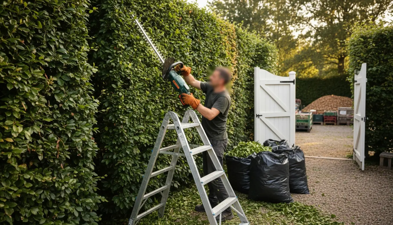 Bøgehæk bliver klippet med hækklipper, fyldte affaldsposer ved en åben port.