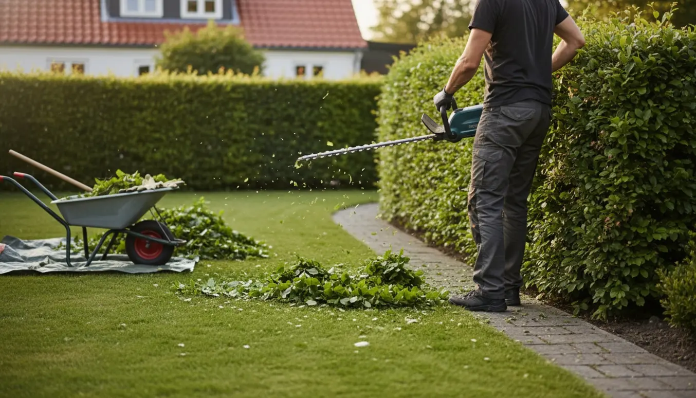 Nærbillede af en bøgehæk under 2 m, hvor en person trimmer hækken med hækkeklipper og hækkeafklip på græsset.