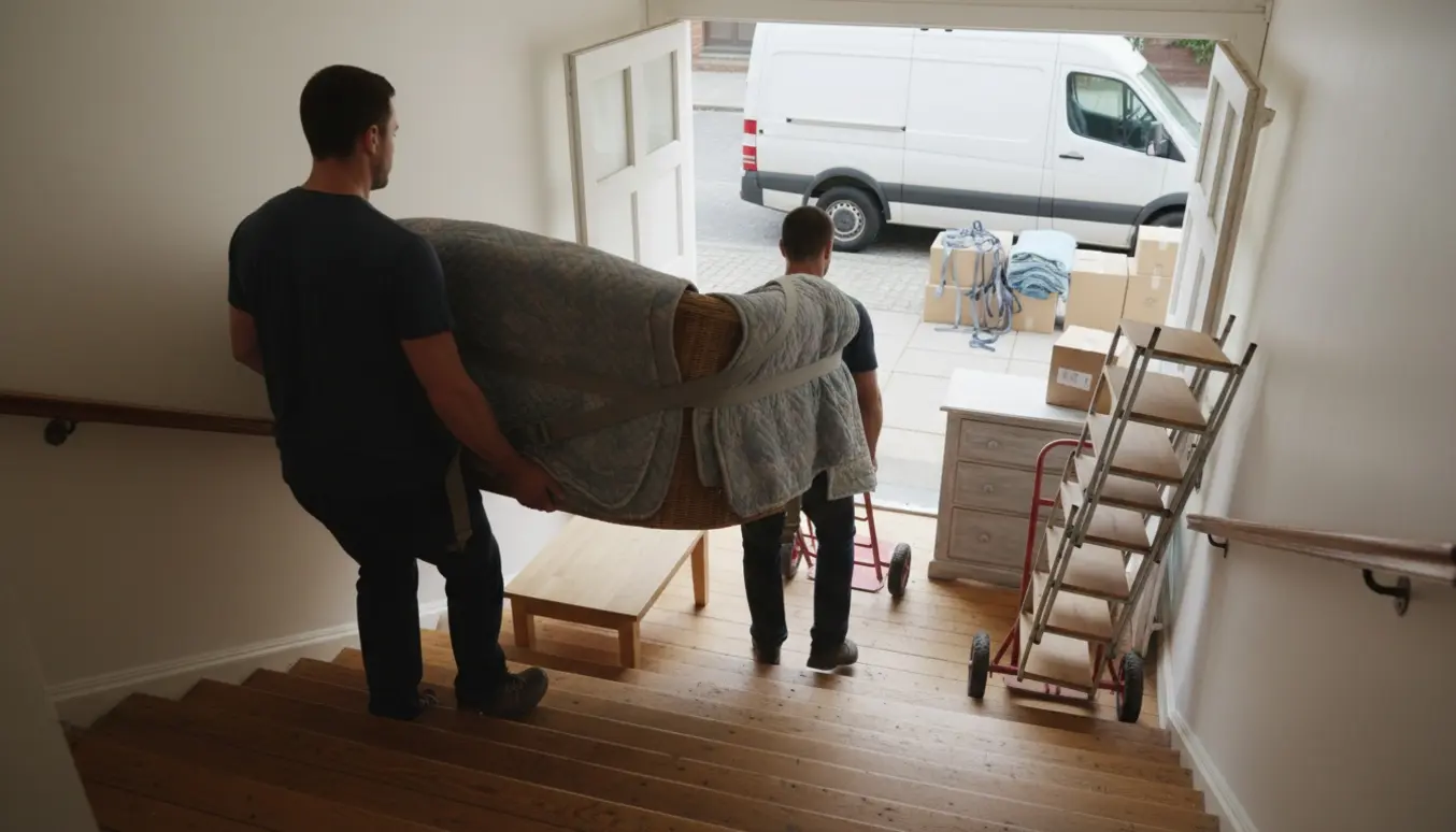 Flyttefolk bærer en kurvesofa og andre møbler op ad en smal trappe, mens en flyttevogn holder udenfor.