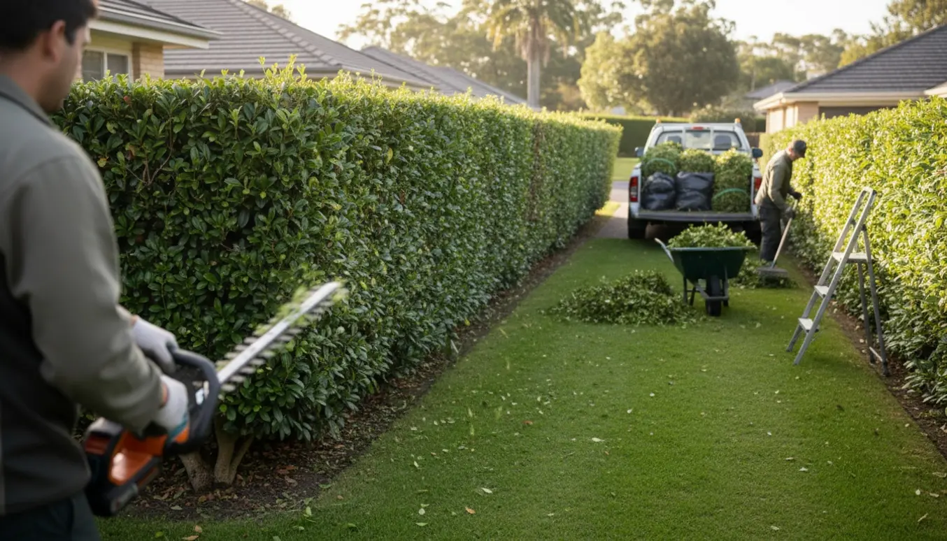 Lang hæk klippes i en forstadshave, og afklip læsses i en trailer til bortskaffelse.