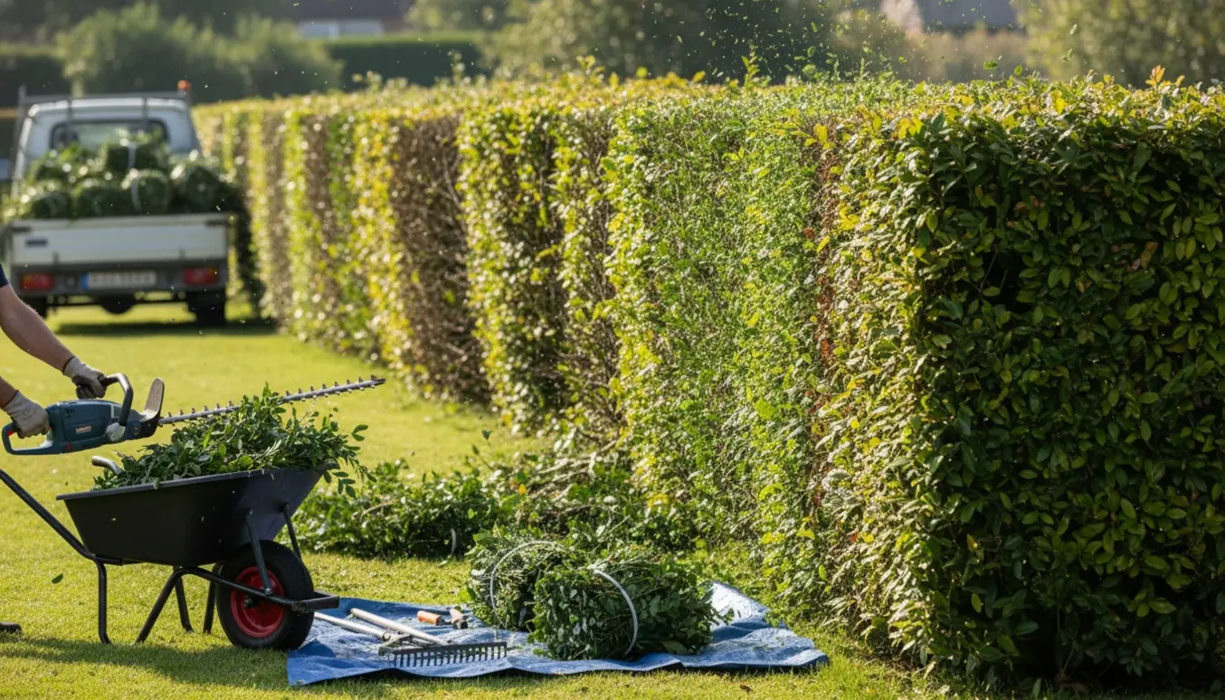 Lang blandet hæk klippes, med frisk skåret kant, trillebør og bundter af hækaffald ved siden af.