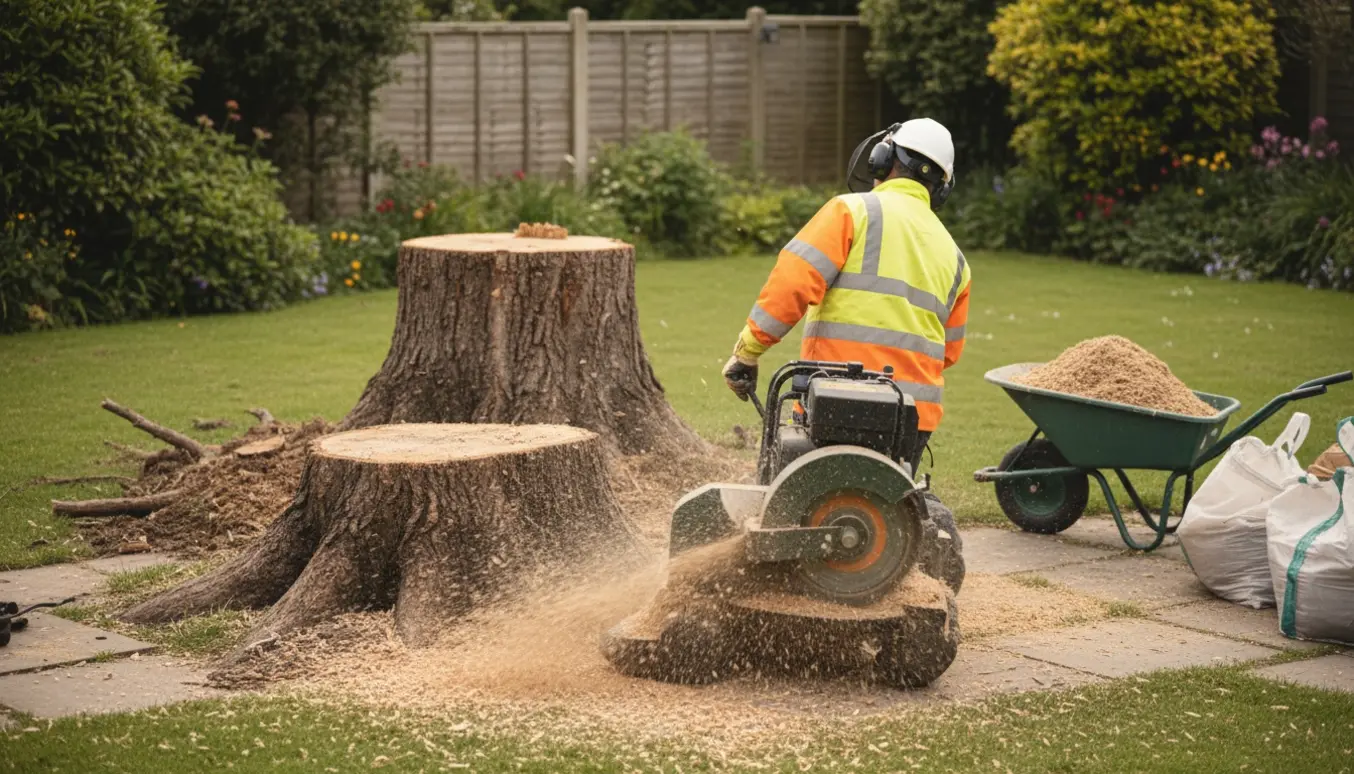 Rodfræsning af to stubbe i bunden af haven med fræser, flis og trillebør klart til bortskaffelse.