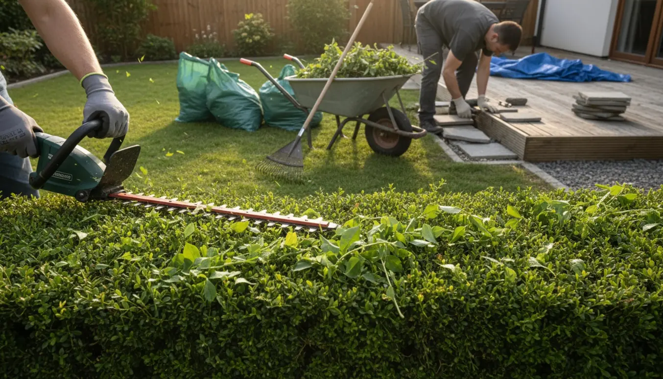 En person trimmer en hæk og lægger afklip og fjernede sten i en trillebør ved terrassens hjørne.