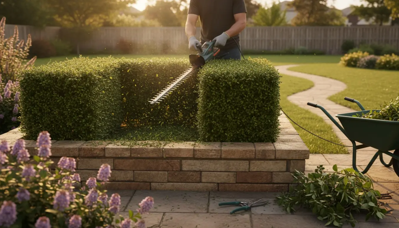 Klipning af hækken indvendigt på tre sider og toppen med hækkeklipper, mens buske beskæres i en solbeskinnet have.