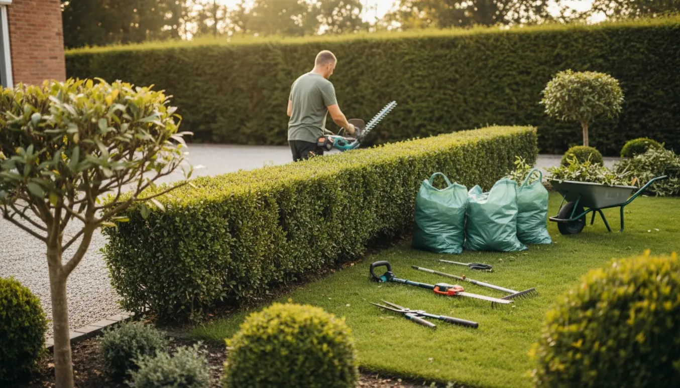 Person trimmer hække ved indkørsel og samler afklip i sække i haven.