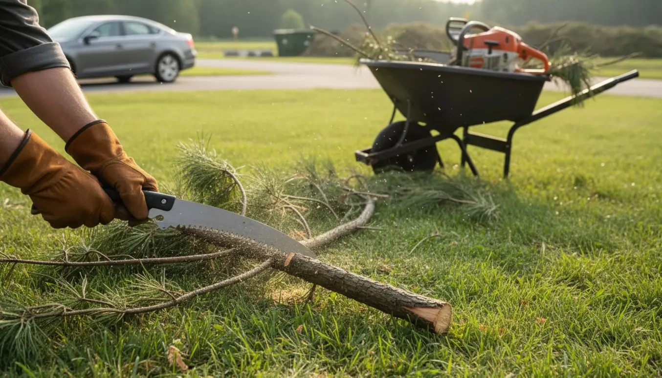 En person saver en faldet fyrregren ved en bunke grene med trillebør og værktøj ved indkørslen i baggrunden.