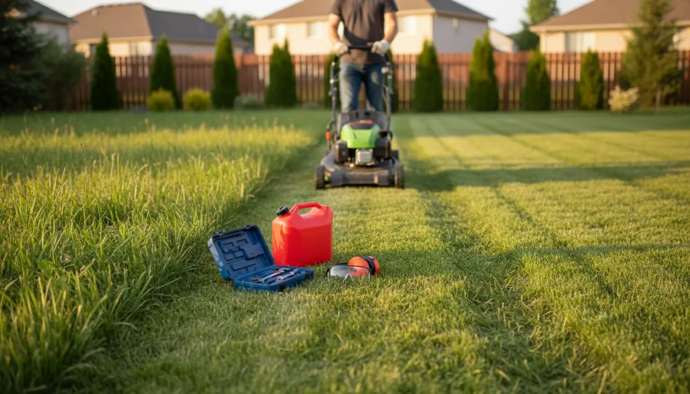 Person slår græs på et let ujævnt 500 m² græsareal med en push-plæneklipper, synlig klippet og uklippet græsside samt værktøj ved siden af.