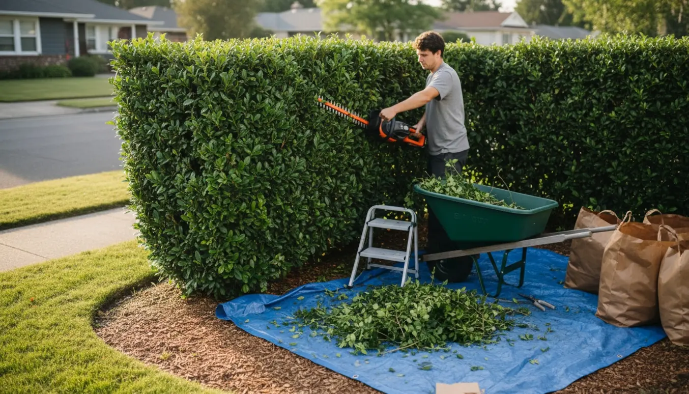 En person trimmer en tæt ligusterhæk i en forstadshave, mens afklip samles i trillebør og sække.