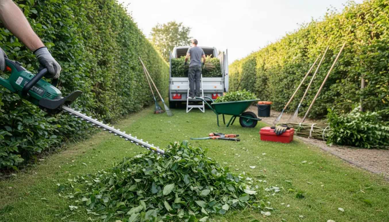 En person trimmer en lang bøgehæk set bagfra og læsser afklip i en trailer ved en varevogn.