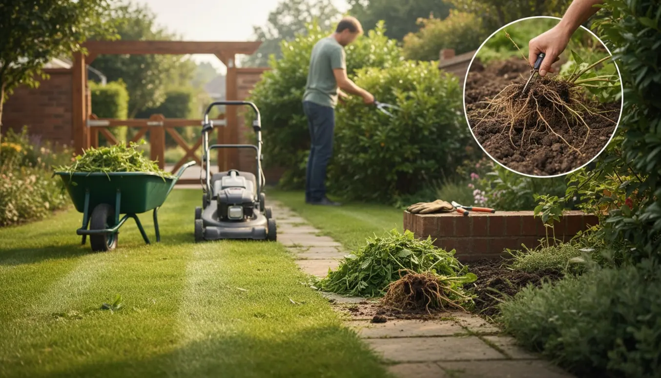 Nyslået græs, beskårne buske og haveredskaber, en person set bagfra arbejder i haven.