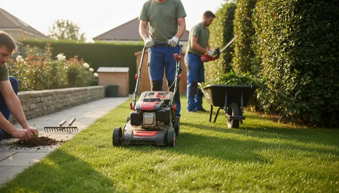 Person slår græs og klipper hæk i en stor solrig have, mens ukrudt trækkes op mellem fliser.