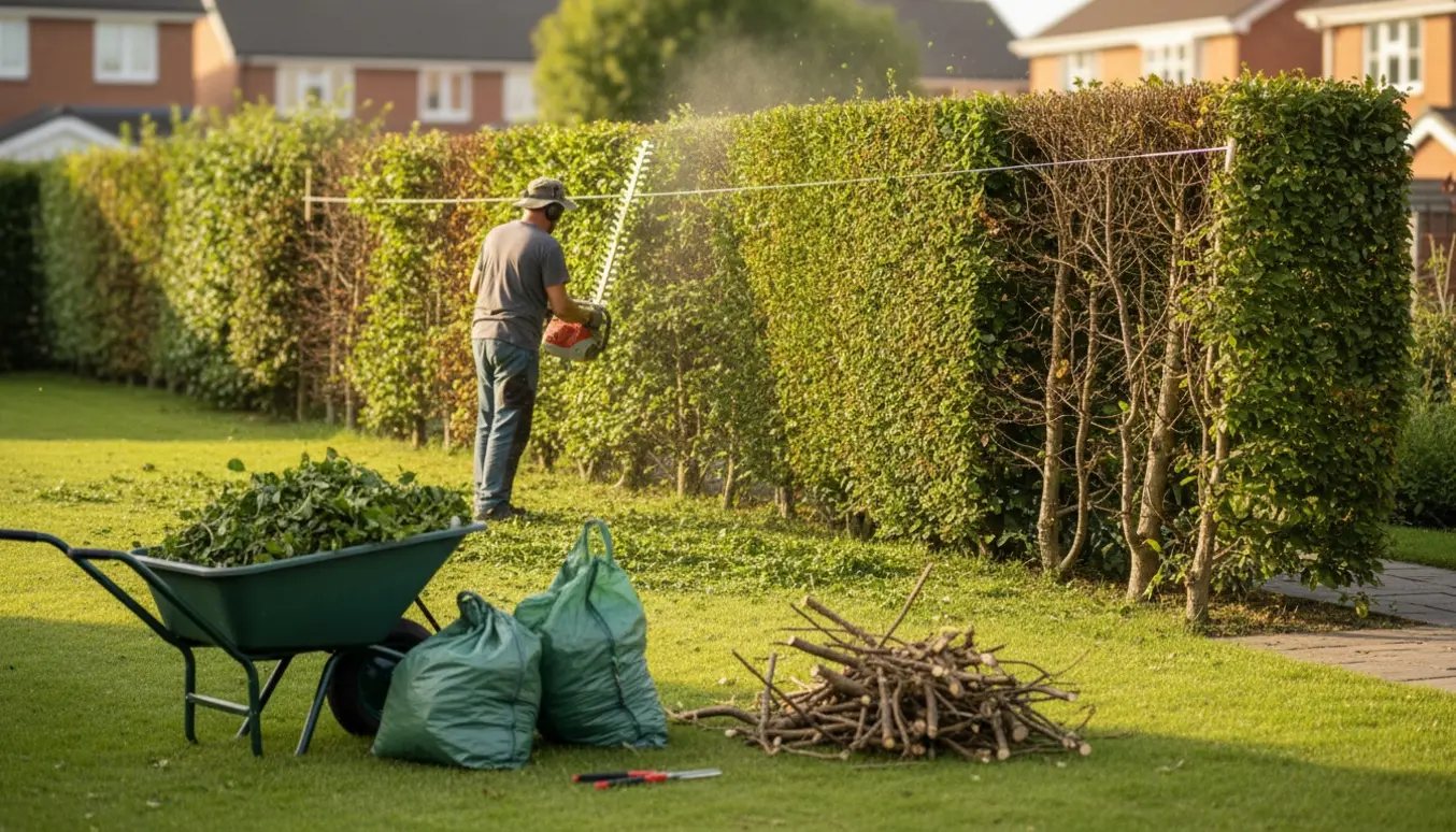 En havearbejder klipper en lang bøgehæk med trimmer, mens afklip ligger i trillebør og sække.