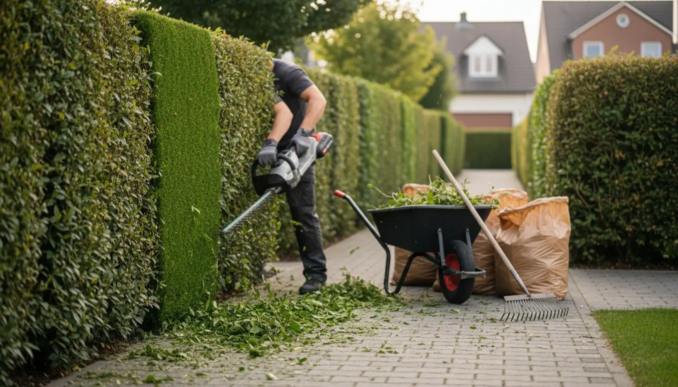 Hækkeklipper klipper den ene side af en lang hæk, med afklip samlet i en trillebør og poser klar til fjernelse.
