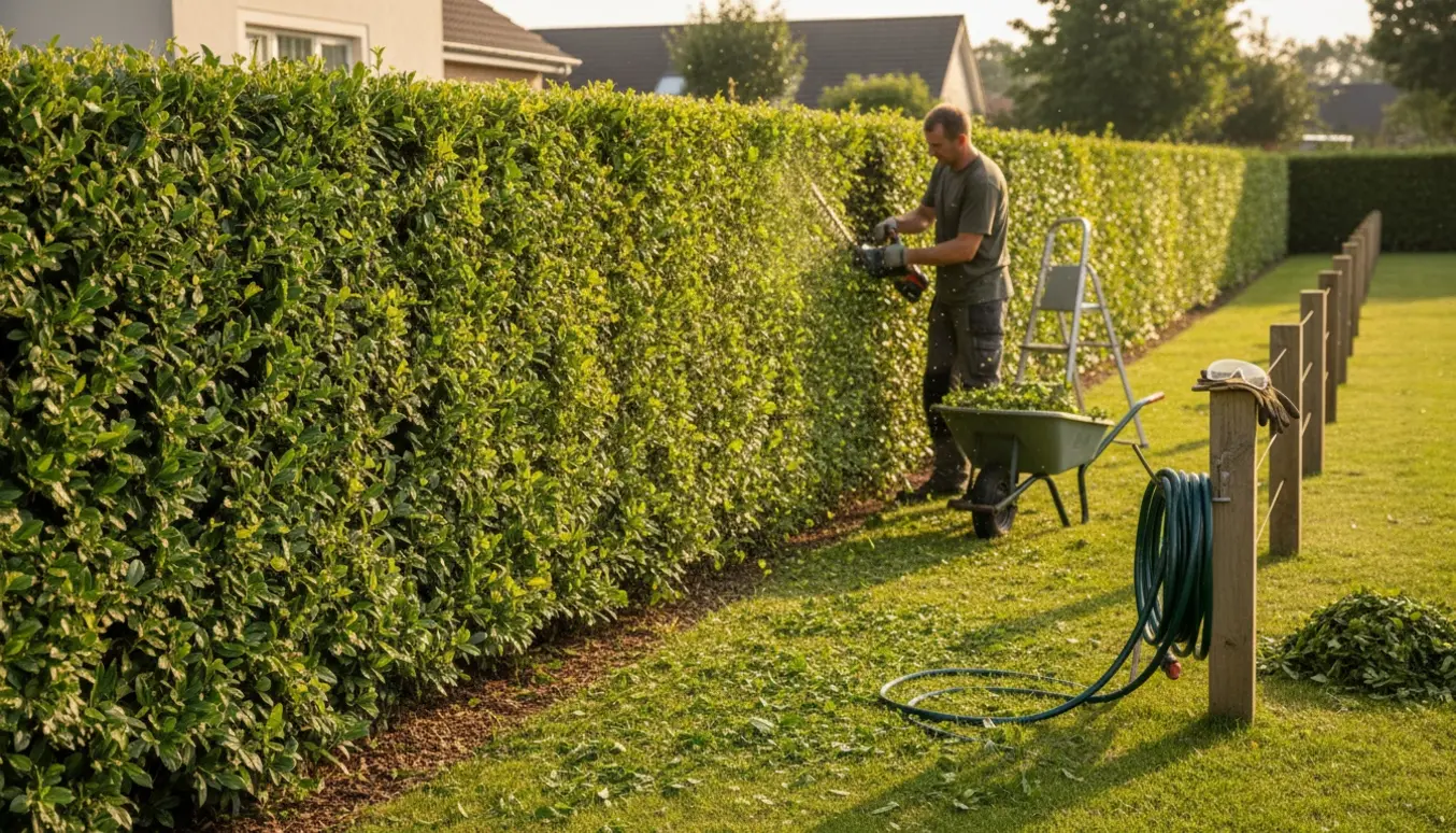 En lang ligusterhæk i haven bliver trimmet med en elektrisk hækkeklipper, med friske afklip i en trillebør.